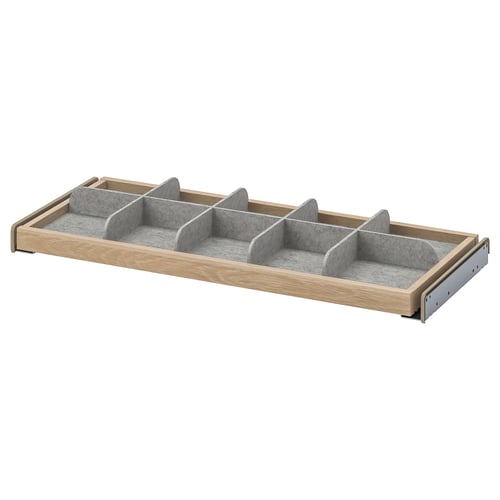 KOMPLEMENT pull-out organiser tray, light oak, grey felt compartments, sliding mechanism, 10-year guarantee.