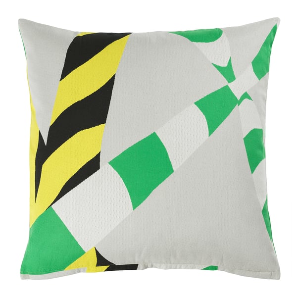 KONSTRUNDA: grey square cushion, black, yellow, green geometric pattern, 100% cotton, zip closure.