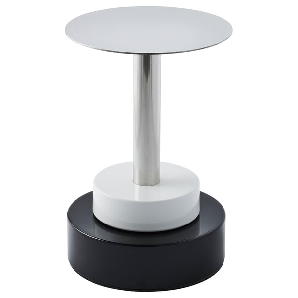 The KONSTRUNDA side table a sleek, modern design with a circular stainless steel top and a stylish black and white base.