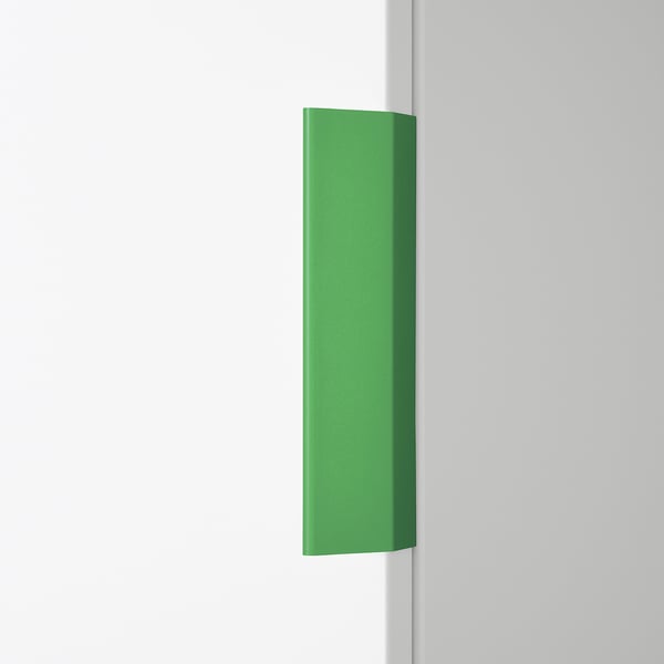 Green LÄTTHET handle, slim, minimalist, attaches anywhere; shown large, covers 1/3 wall height.