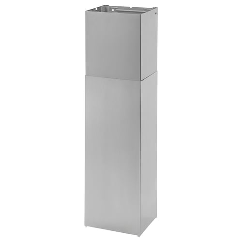 Silver stainless steel kitchen hood extension, rectangular shape, smooth design.