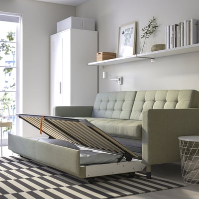 LANDSKRONA 3-seat sofa-bed, Gunnared light green/wood/black