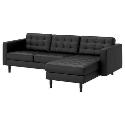 LANDSKRONA 3-seat sofa with chaise longue, Grann/Bomstad black/wood/black
