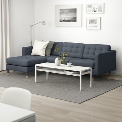 LANDSKRONA 3-seat sofa, with chaise longue/Gunnared blue/wood