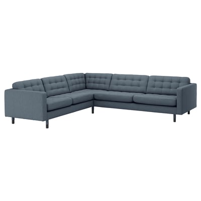 LANDSKRONA Corner sofa, 5-seat, Gunnared blue/wood/black