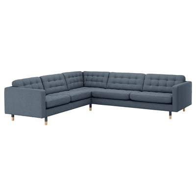 LANDSKRONA Corner sofa, 5-seat, Gunnared blue/wood
