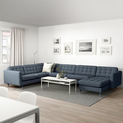 LANDSKRONA Corner sofa, 6-seat, with chaise longue/Gunnared blue/metal