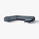 U-shaped sectional sofa in blue-grey fabric with chrome legs.