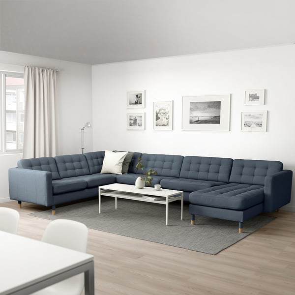 LANDSKRONA Corner sofa, 6-seat, with chaise longue/Gunnared blue/wood