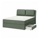 Green LILLFJÄLLET divan bed with sloped headboard, white mattress, and under-bed storage.
