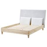 LILLFJÄLLET bed: white upholstered headboard, wooden base, minimalist design.
