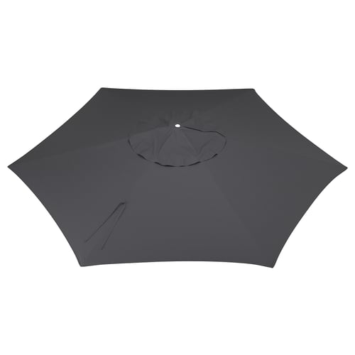 Depicts a grey LINDÖJA spare parasol canopy, hexagonal in shape. It is designed for outdoor use, providing uv protection.