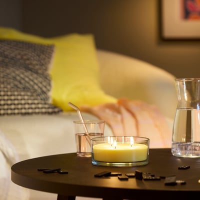 LOTSFÅGEL Scented candle in glass, 3 wicks, Citrus flower light yellow, 25 hr