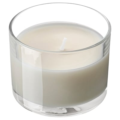 LOTSFÅGEL Scented candle in glass, Vanilla pale beige, 20 hr
