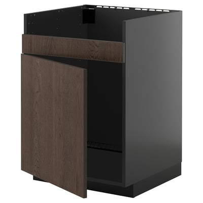 METOD Base cab f HAVSEN single bowl sink, black-grey/Sinarp brown, 60x60 cm