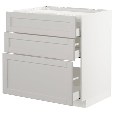 METOD Base cab f hob/3 fronts/3 drawers, white/Lerhyttan light grey, 80x60 cm