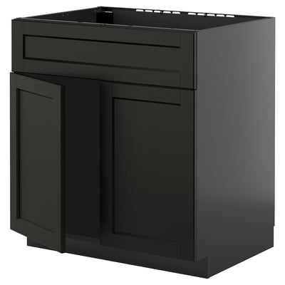 METOD Base cabinet f sink w 2 doors/front, black-grey/Lerhyttan black stained, 80x60 cm