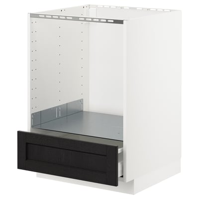 A white METOD kitchen cabinet with a black stained lerhyttan drawer. It has a rectangular shape with a self-closing mechanism.