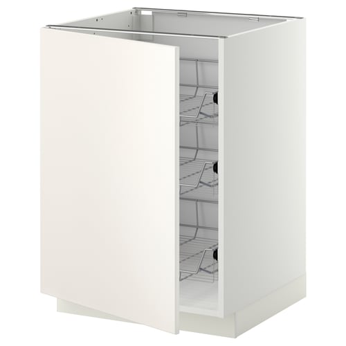A white METOD base cabinet from IKEAs kitchen system with open wire baskets.
