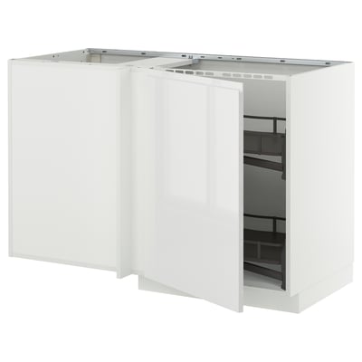METOD Corner base cab w pull-out fitting, white/Voxtorp high-gloss/white, 128x68 cm