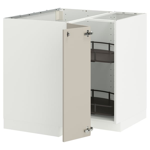 METOD Corner base cabinet with carousel, white/Stensund beige, 88x88 cm
