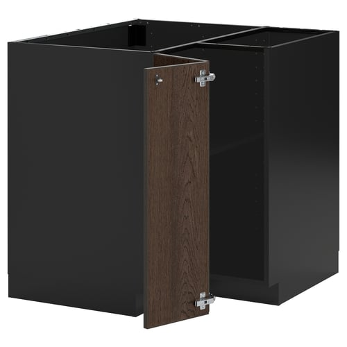 A dark grey kitchen cabinet box with a brown wood-grain door, featuring a sturdy design with adjustable shelves.