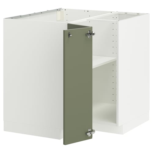 White and green METOD kitchen unit with shelves. Corner design, sturdy frame, and grey-green door.