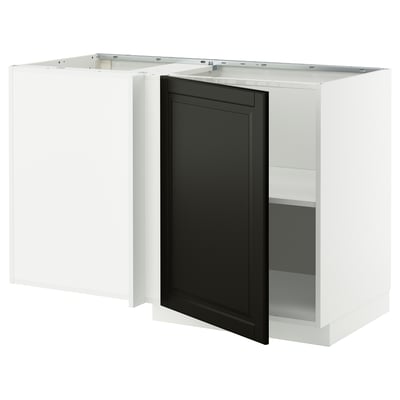 METOD Corner base cabinet with shelf, white/Bodbyn black, 128x68 cm