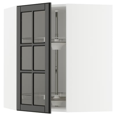 METOD Corner wall cab w carousel/glass dr, white/Bodbyn black, 68x80 cm