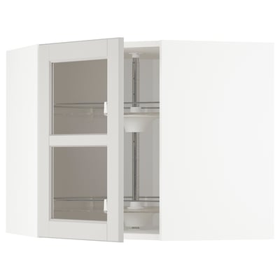 METOD Corner wall cab w carousel/glass dr, white/Lerhyttan light grey, 68x60 cm