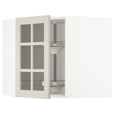 METOD Corner wall cab w carousel/glass dr, white/Stensund beige, 68x60 cm