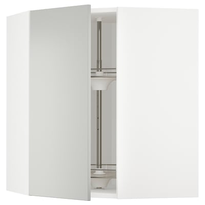 White METOD kitchen corner cabinet with open doors showing carousel shelves.