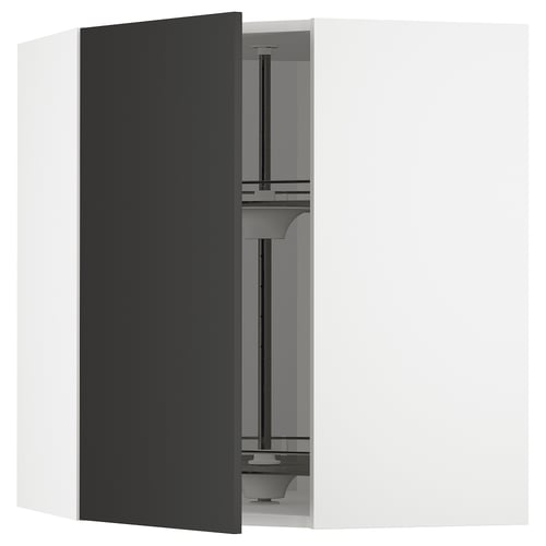 Black METOD kitchen cabinet with glass carousel, modern and sleek.