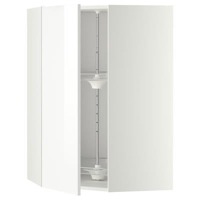 White high-gloss kitchen cabinet with glass carousel, modern and sleek design.