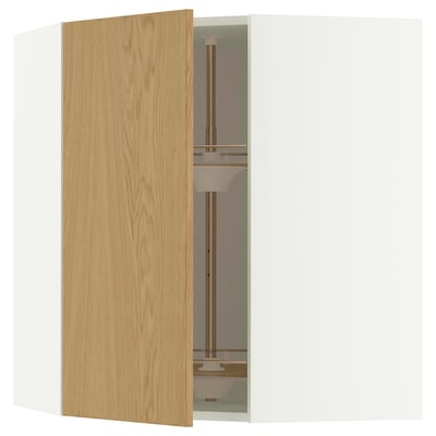 METOD Corner wall cabinet with carousel, white/Sinarp oak veneer, 68x80 cm