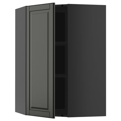 METOD Corner wall cabinet with shelves, black-grey/Bodbyn black, 68x100 cm