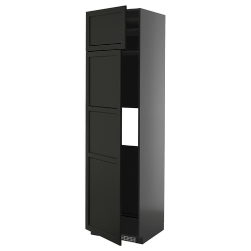 Black METOD kitchen cabinet with bevelled edges, tall & slim, multiple shelves.