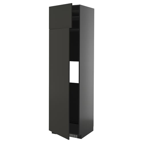 A black METOD kitchen cabinet with modern styling, featuring adjustable shelves and reversible doors.