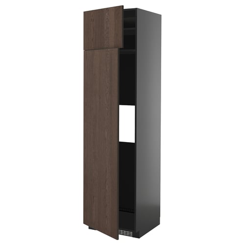 A dark brown wooden METOD cabinet, tall with a black frame, one open door revealing shelf space.