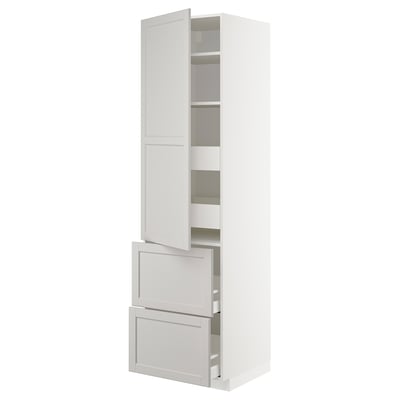 METOD Hi cab w shlvs/4 drawers/dr/2 frnts, white/Lerhyttan light grey, 60x60x220 cm