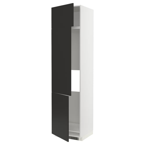 A white METOD tall kitchen cabinet with black doors. The cabinet is open, revealing shelves inside.