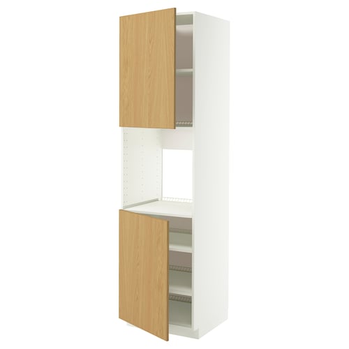 METOD High cab f oven w 2 doors/shelves, white/Sinarp oak veneer, 60x60x220 cm
