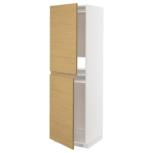 White and oak cabinet with two open doors.