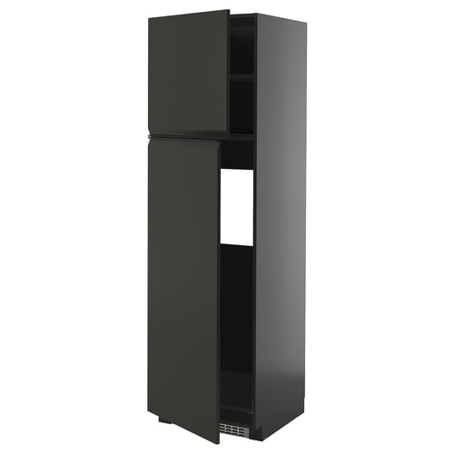 Black tall kitchen cabinet with two doors and adjustable shelves, sleek and modern design.
