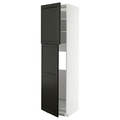 METOD High cabinet for fridge w 2 doors, white/Bodbyn black, 60x60x220 cm