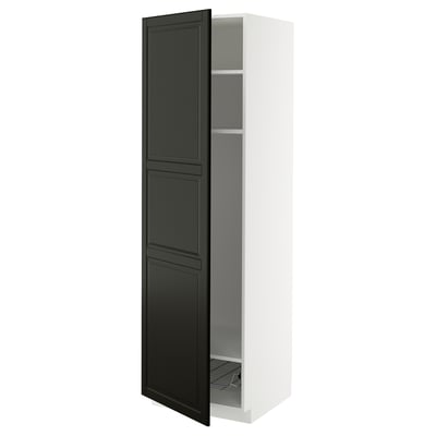 METOD High cabinet w shelves/wire basket, white/Bodbyn black, 60x60x200 cm