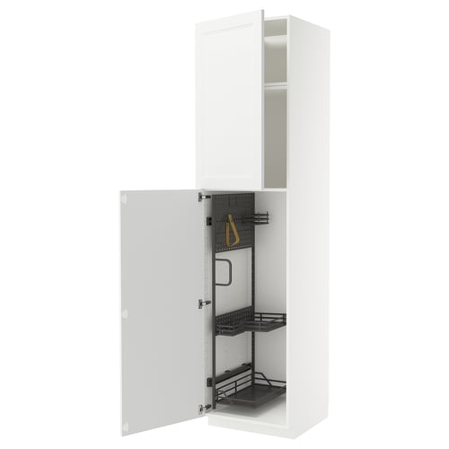 White METOD kitchen cabinet with pull-out organisers, made of particleboard and foil, rectangular shape.