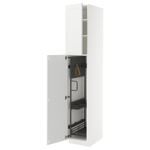 White high cabinet, open door revealing organised cleaning supplies.
