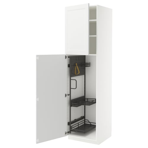 A white METOD kitchen cabinet with black pull-out organisers.