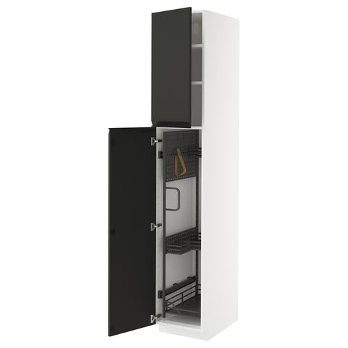 METOD black & white kitchen unit: tall, modern, black doors with handles, white frame, pull-out organisers.